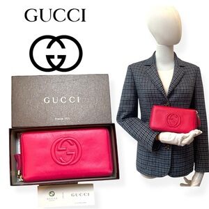 💖Gucci Soho Pink Calf Leather Zip Around Continental Wallet / Clutch ✨